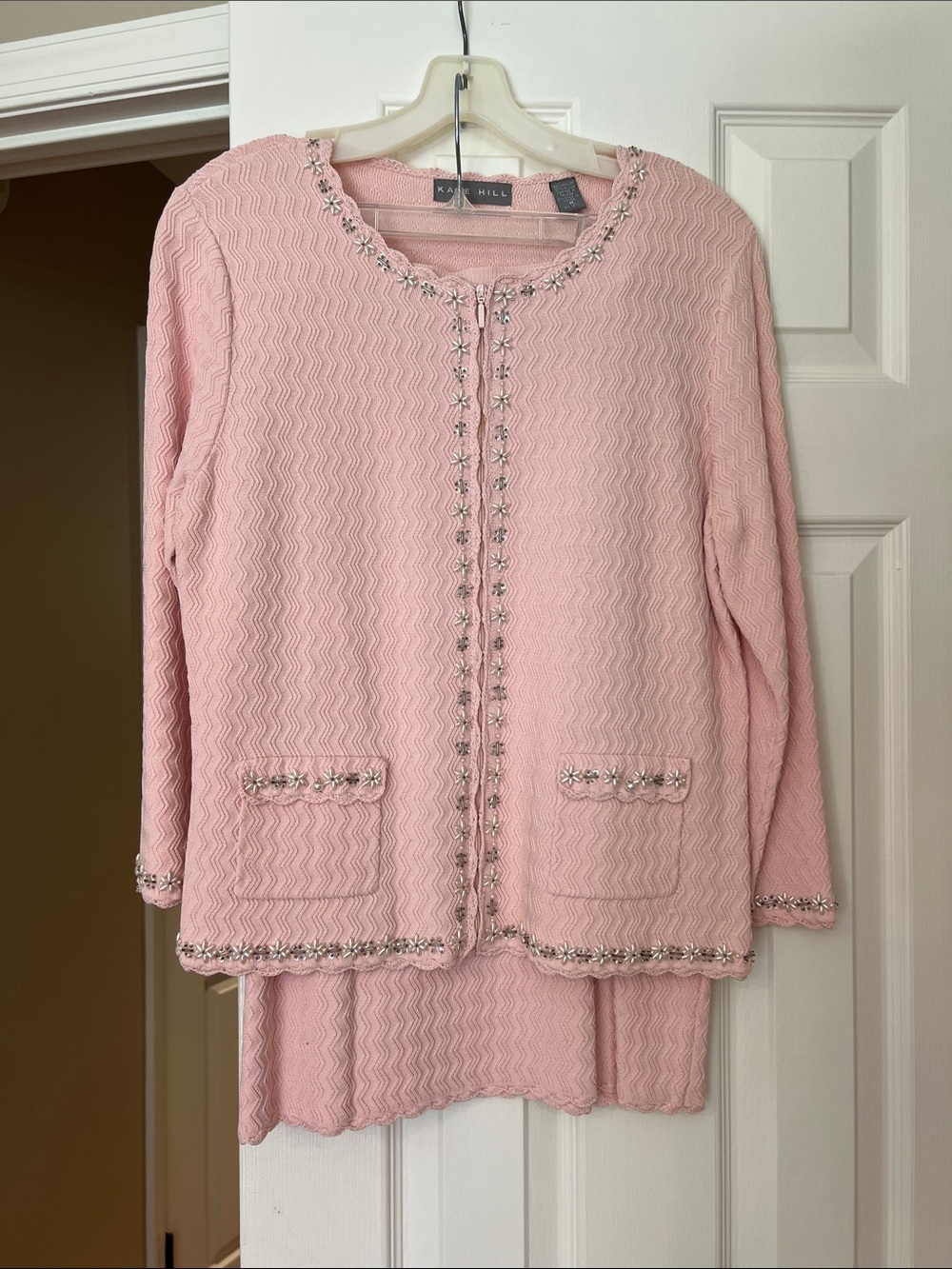 Kate Hill Pale Pink Beaded Knit Jacket and Skirt Suit